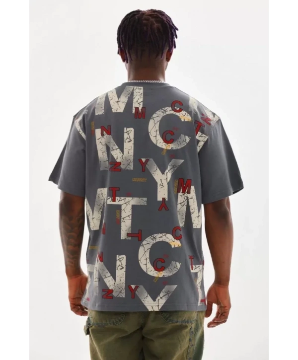 Unisex Baskılı Oversize T-Shirt - Füme