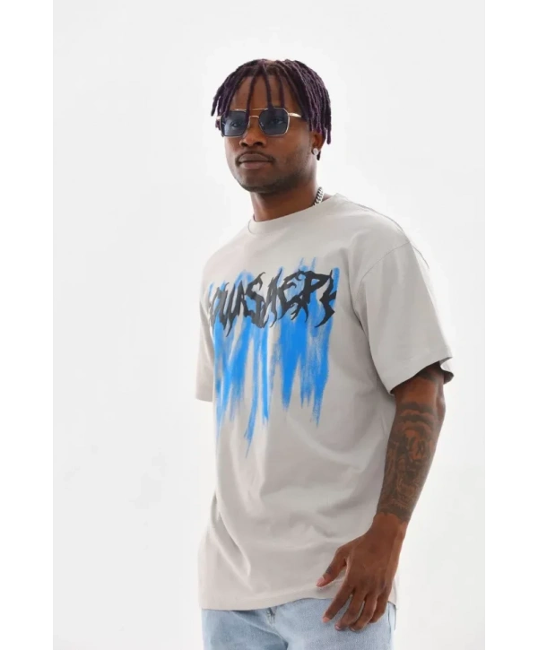 Unisex Baskılı Oversize T-Shirt - Gri