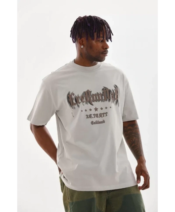 Unisex Baskılı Oversize T-Shirt - Gri