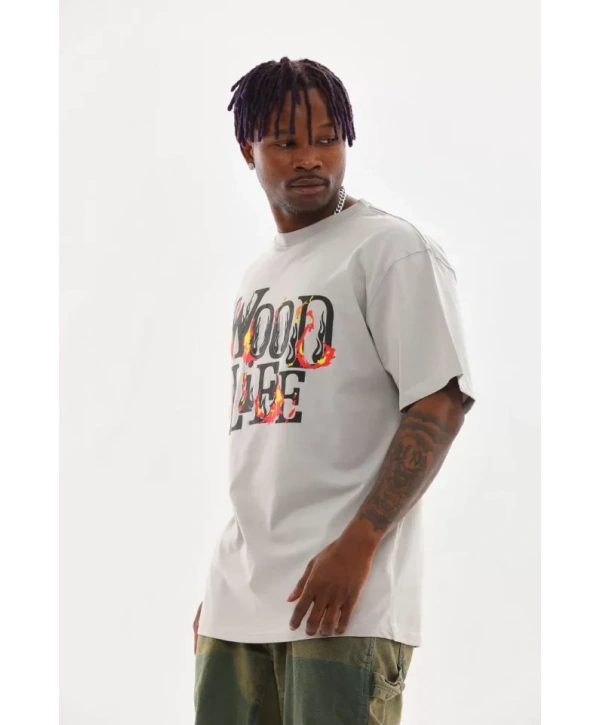 Unisex Baskılı Oversize T-Shirt - Gri