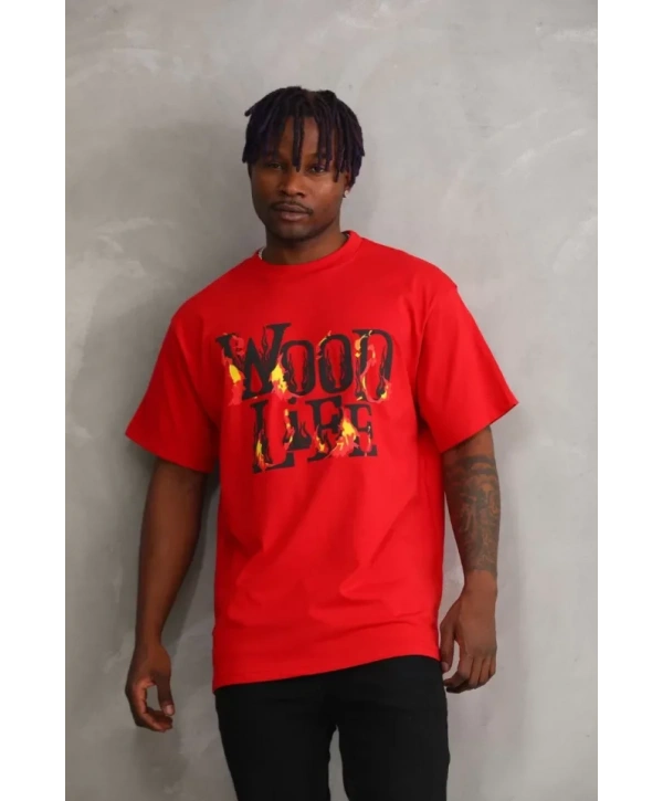 Unisex Baskılı Oversize T-Shirt - Kırmızı