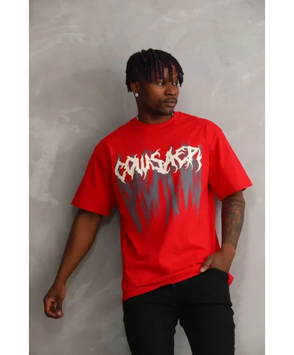 Unisex Baskılı Oversize T-Shirt - Kırmızı