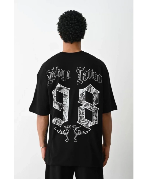 Unisex Baskılı Oversize T-Shirt - Siyah