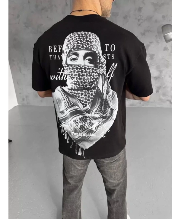 Unisex Baskılı Oversize T-Shirt - Siyah