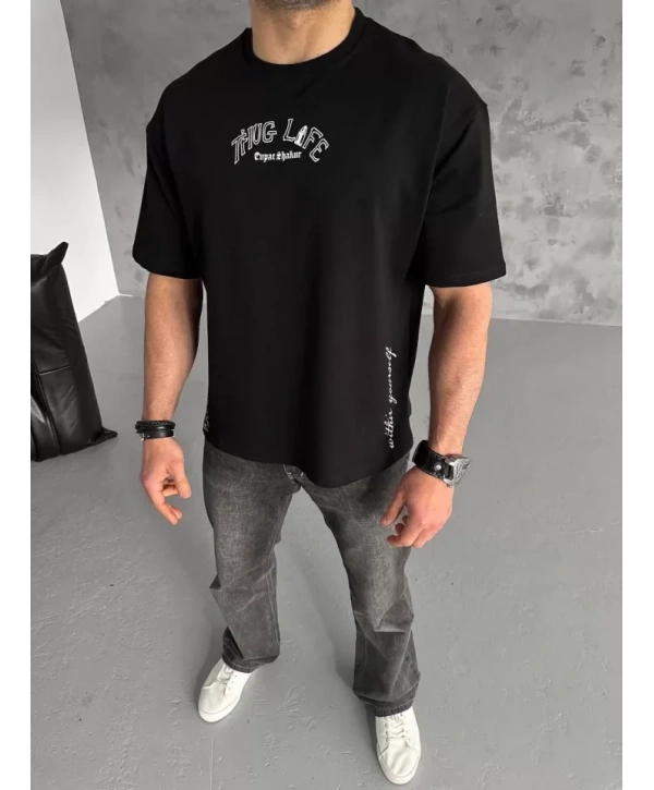 Unisex Baskılı Oversize T-Shirt - Siyah