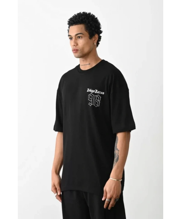 Unisex Baskılı Oversize T-Shirt - Siyah