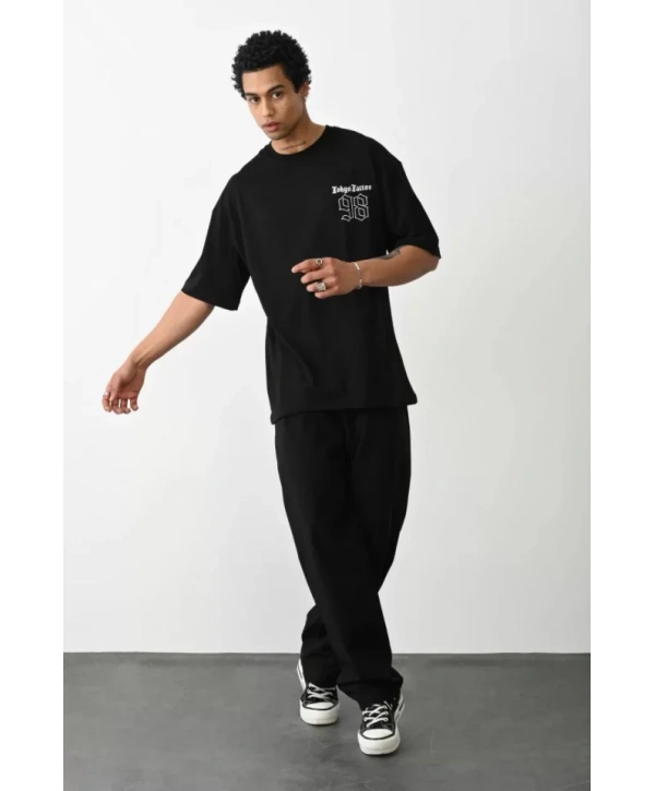 Unisex Baskılı Oversize T-Shirt - Siyah