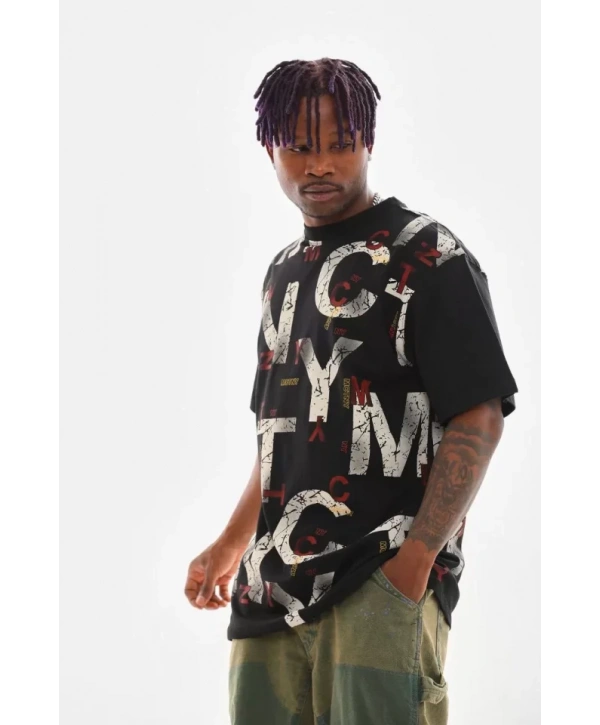 Unisex Baskılı Oversize T-Shirt - Siyah