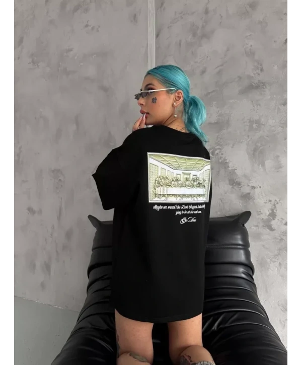 Unisex Baskılı Oversize T-Shirt - Siyah