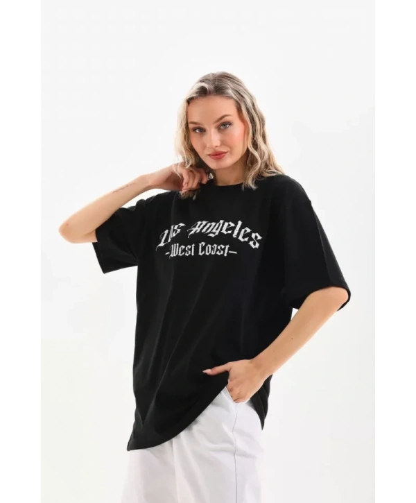 Unisex Baskılı Oversize T-Shirt - Siyah