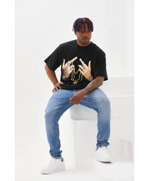 Unisex Baskılı Oversize T-Shirt - Siyah