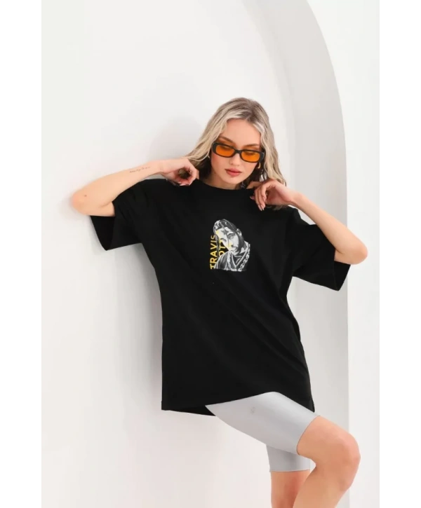 Unisex Baskılı Oversize T-Shirt - Siyah