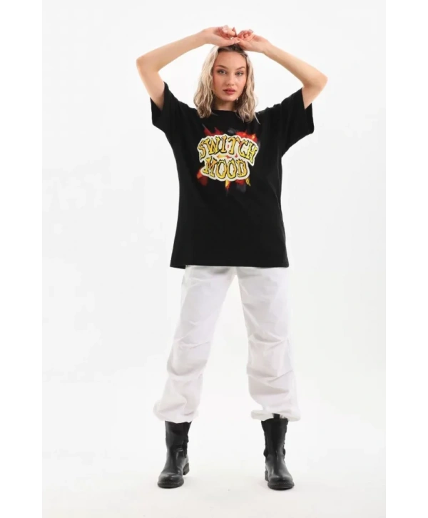 Unisex Baskılı Oversize T-Shirt - Siyah