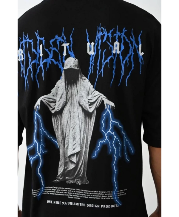 Unisex Baskılı Oversize T-Shirt - Siyah