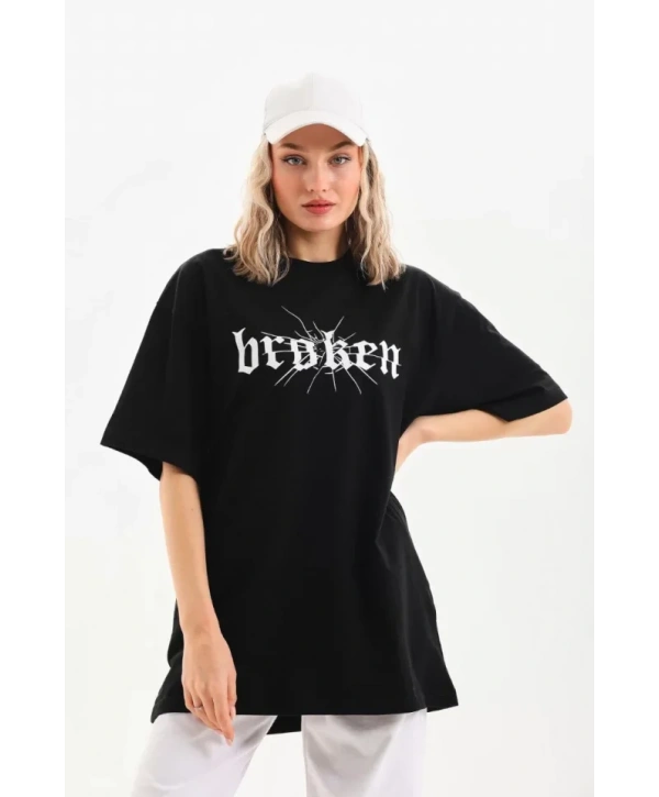 Unisex Baskılı Oversize T-Shirt - Siyah
