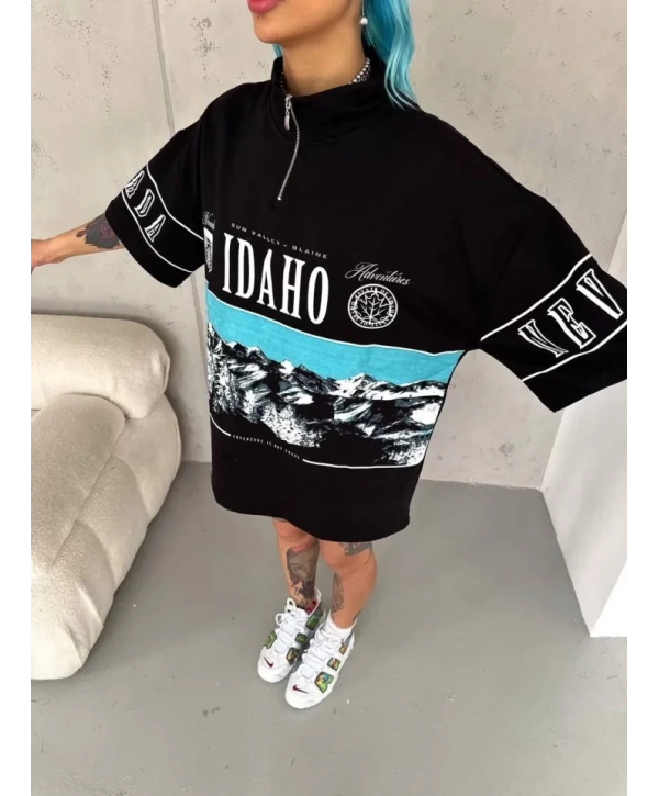 Unisex Baskılı Yarım Fermuarlı T-Shirt - Siyah