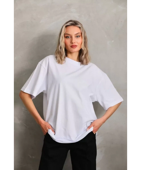 Unisex Bisiklet Yaka 20/1 Düz Oversize T-Shirt - Beyaz