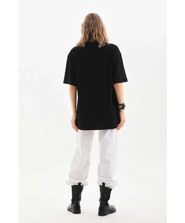 Unisex Bisiklet Yaka 20/1 Düz Oversize T-Shirt - Siyah