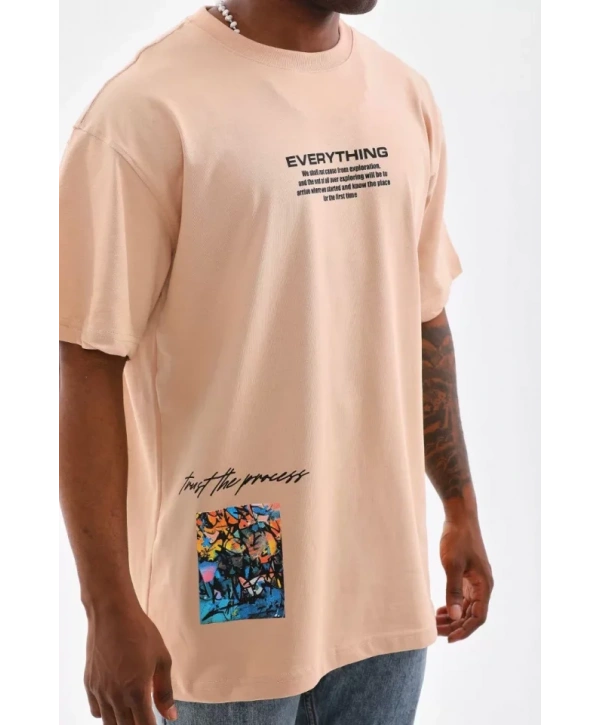 Unisex Bisiklet Yaka Baskılı Oversize T-Shirt - Bej