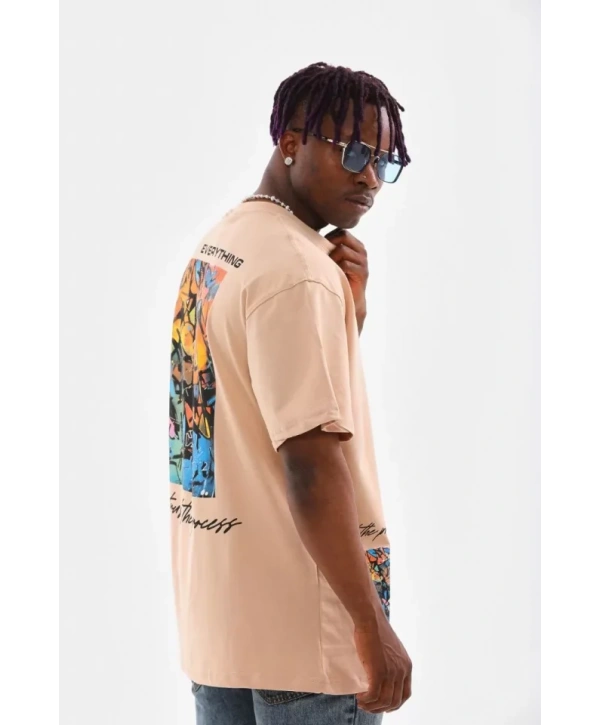 Unisex Bisiklet Yaka Baskılı Oversize T-Shirt - Bej