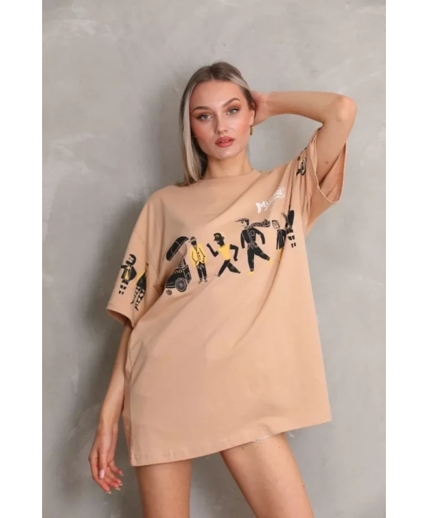 Unisex Bisiklet Yaka Baskılı Oversize T-Shirt - Bej