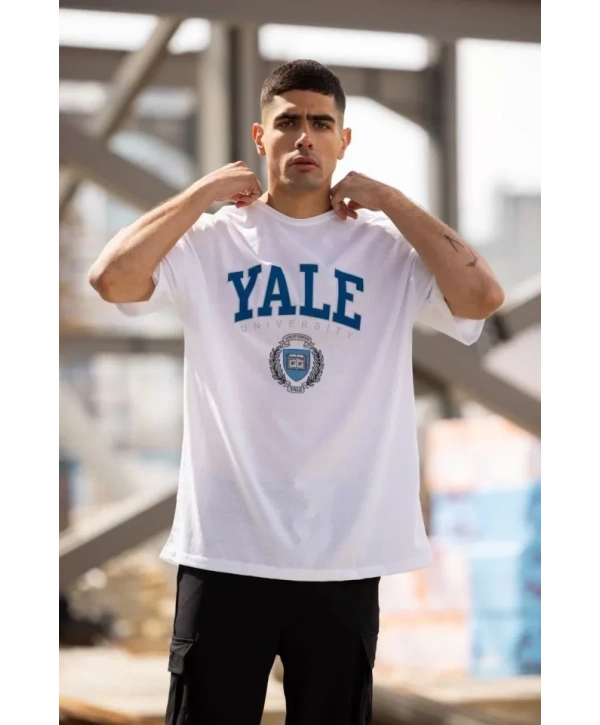 Unisex Bisiklet Yaka Baskılı Oversize T-Shirt - Beyaz