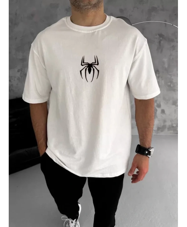 Unisex Bisiklet Yaka Baskılı Oversize T-Shirt - Beyaz