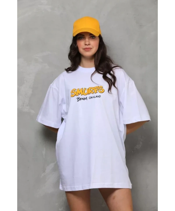 Unisex Bisiklet Yaka Baskılı Oversize T-Shirt - Beyaz