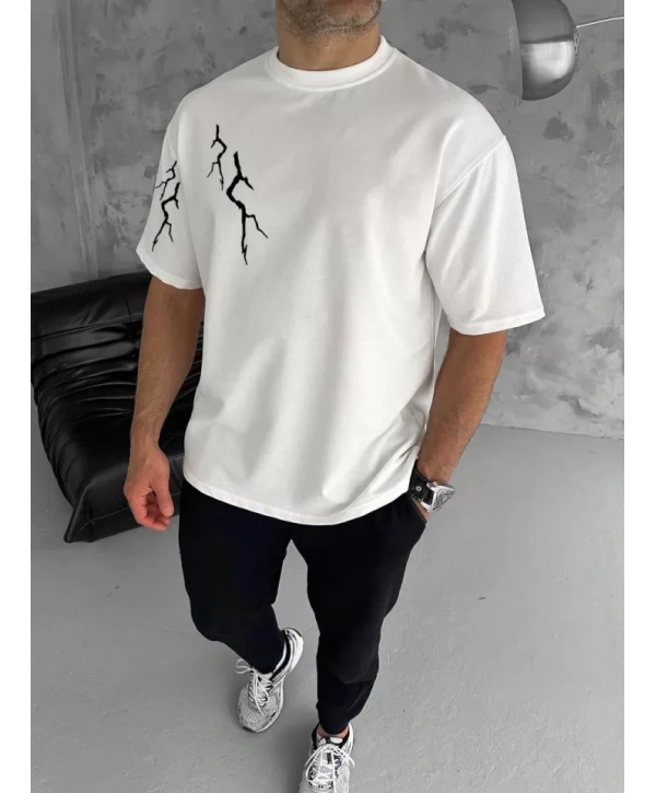 Unisex Bisiklet Yaka Baskılı Oversize T-Shirt - Beyaz