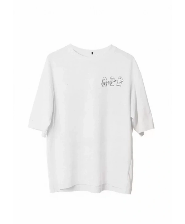 Unisex Bisiklet Yaka Baskılı Oversize T-Shirt - Beyaz