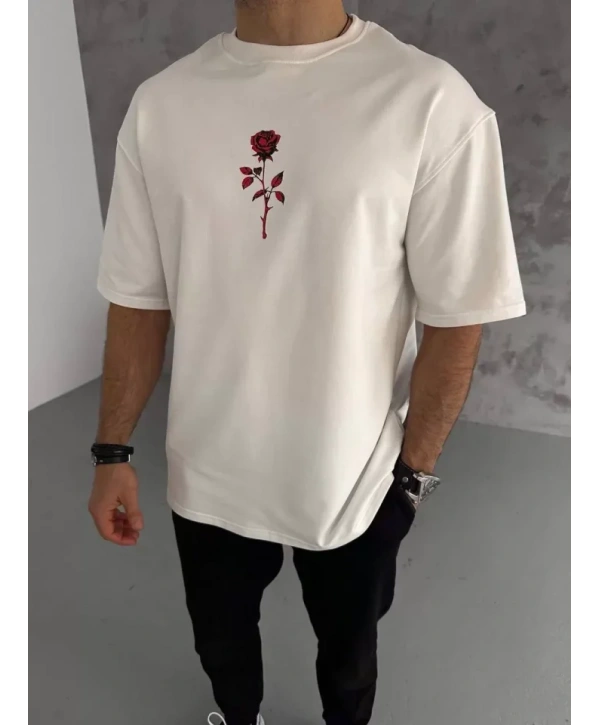 Unisex Bisiklet Yaka Baskılı Oversize T-Shirt - Beyaz