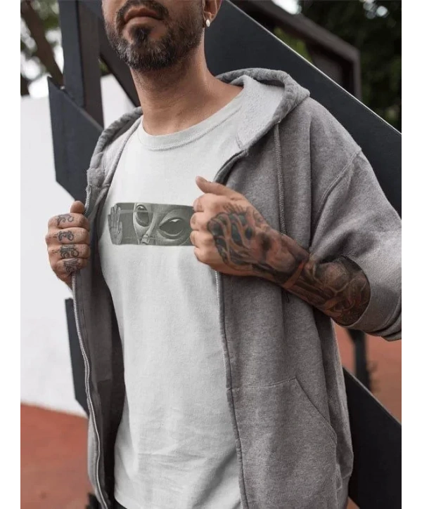 Unisex Bisiklet Yaka Baskılı Oversize T-Shirt - Beyaz