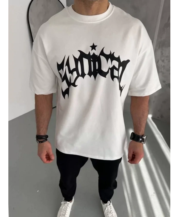 Unisex Bisiklet Yaka Baskılı Oversize T-Shirt - Beyaz