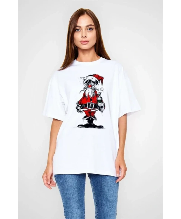 Unisex Bisiklet Yaka Baskılı Oversize T-Shirt - Beyaz