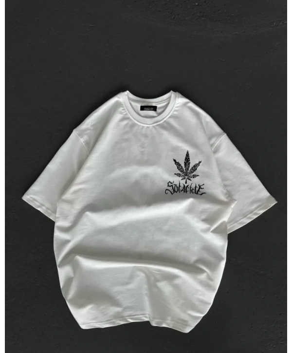 Unisex Bisiklet Yaka Baskılı Oversize T-Shirt - Beyaz