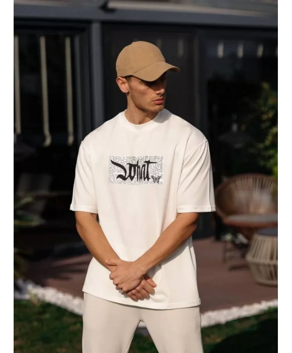 Unisex Bisiklet Yaka Baskılı Oversize T-Shirt - Beyaz