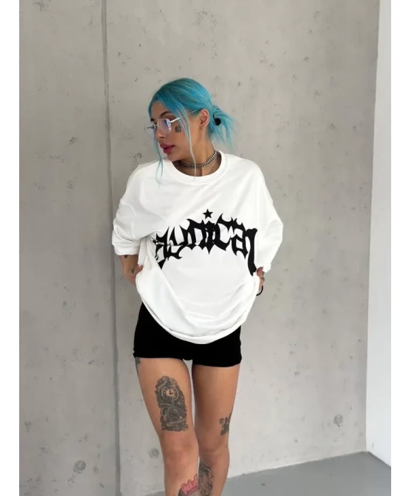 Unisex Bisiklet Yaka Baskılı Oversize T-Shirt - Beyaz