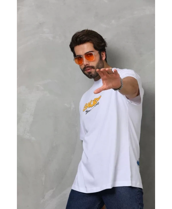 Unisex Bisiklet Yaka Baskılı Oversize T-Shirt - Beyaz