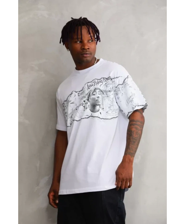 Unisex Bisiklet Yaka Baskılı Oversize T-Shirt - Beyaz