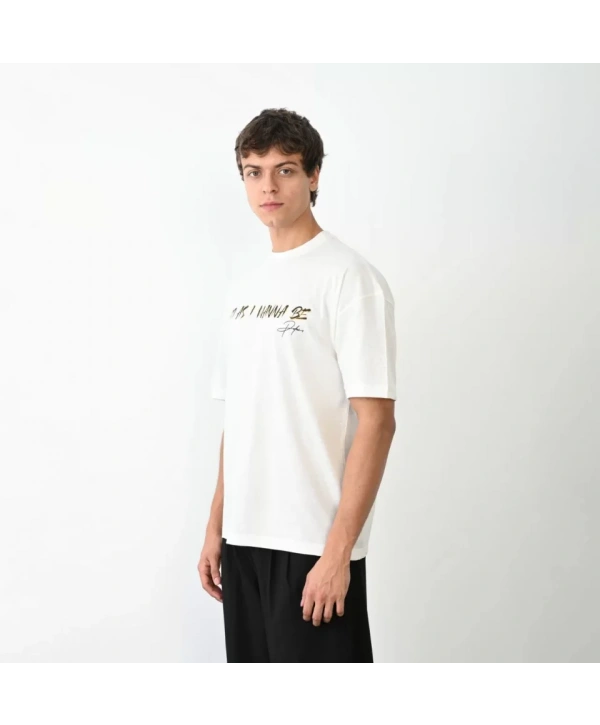 Unisex Bisiklet Yaka Baskılı Oversize T-Shirt - Beyaz