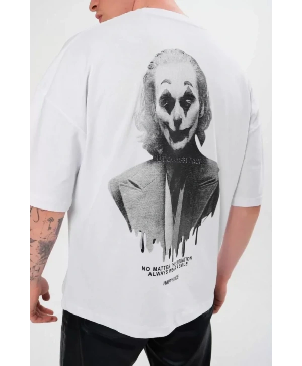 Unisex Bisiklet Yaka Baskılı Oversize T-Shirt - Beyaz