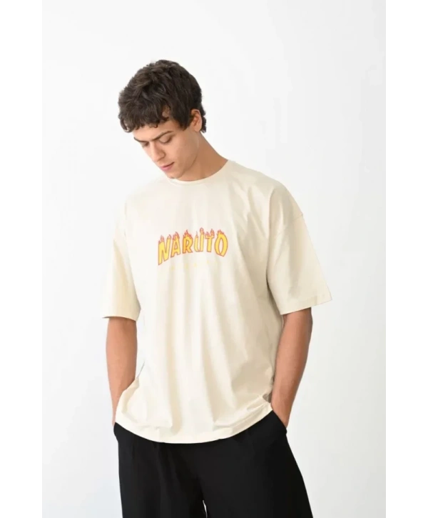 Unisex Bisiklet Yaka Baskılı Oversize T-Shirt - Beyaz