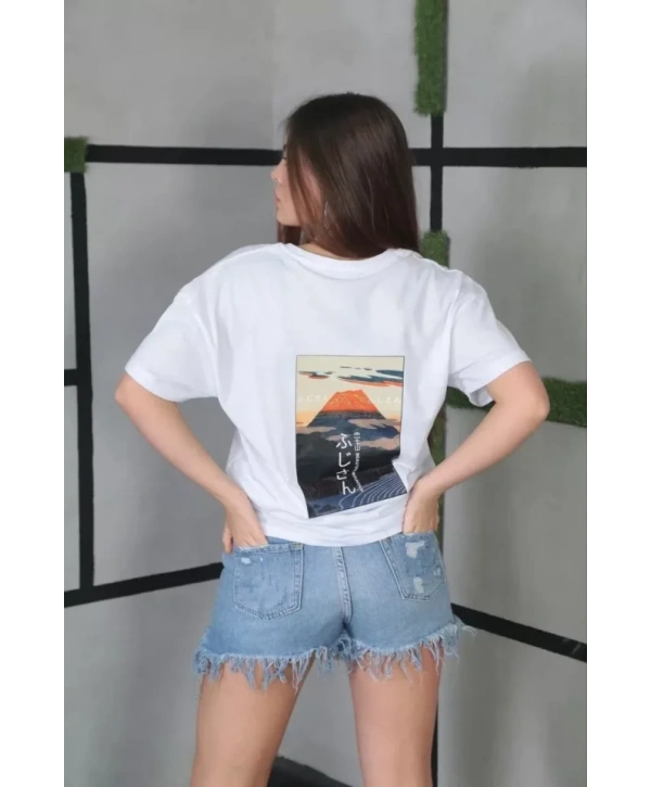 Unisex Bisiklet Yaka Baskılı Oversize T-Shirt- Beyaz