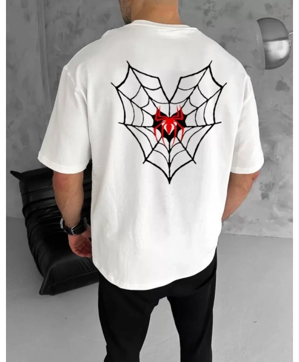 Unisex Bisiklet Yaka Baskılı Oversize T-Shirt - Beyaz