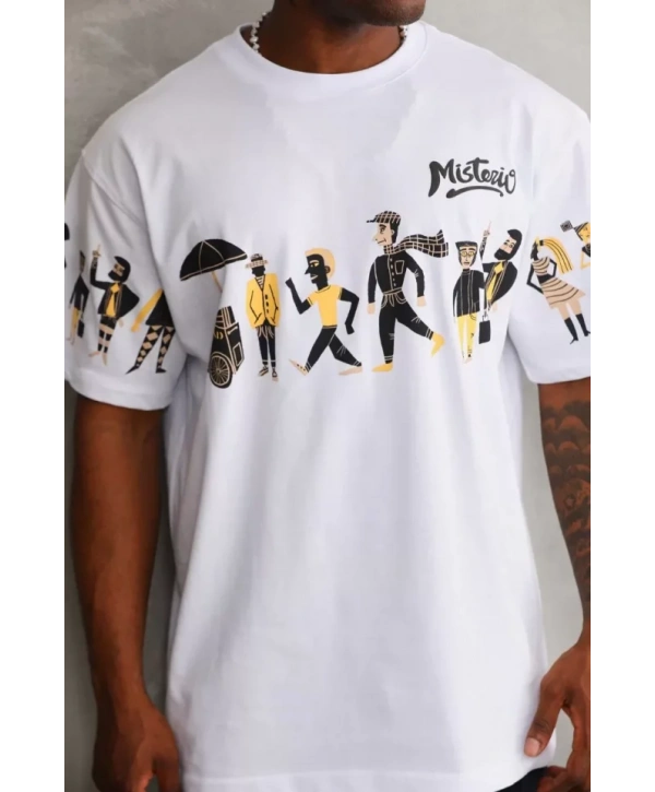 Unisex Bisiklet Yaka Baskılı Oversize T-Shirt - Beyaz