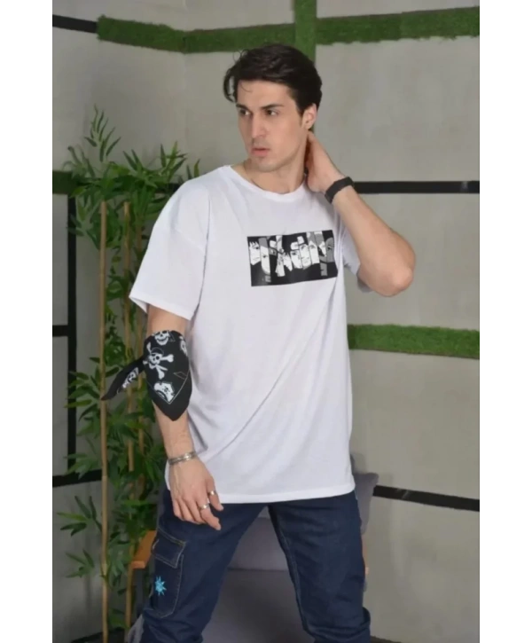 Unisex Bisiklet Yaka Baskılı Oversize T-Shirt - Beyaz