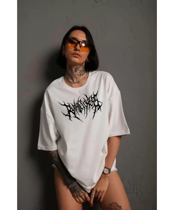 Unisex Bisiklet Yaka Baskılı Oversize T-Shirt - Beyaz