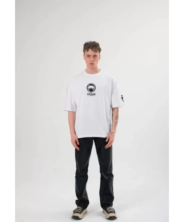 Unisex Bisiklet Yaka Baskılı Oversize T-Shirt - Beyaz