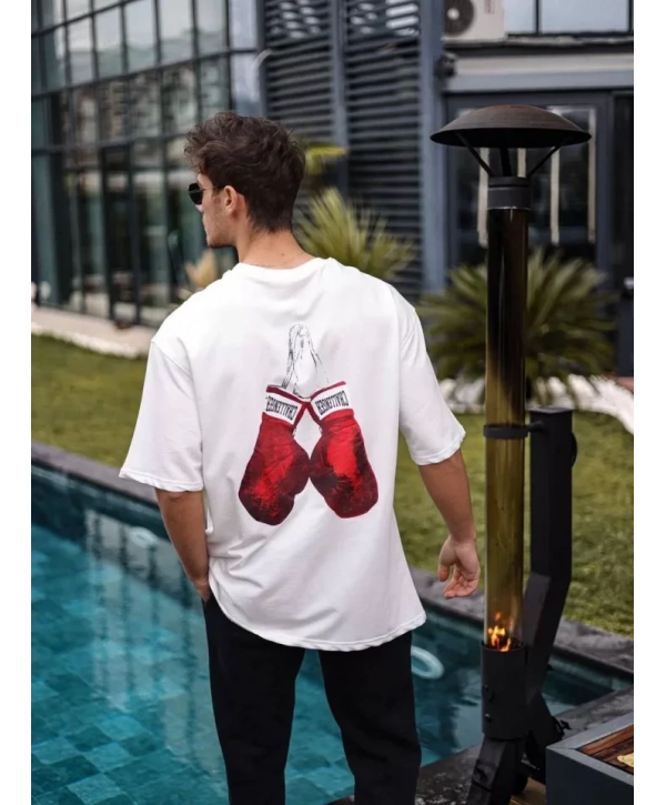 Unisex Bisiklet Yaka Baskılı Oversize T-Shirt - Beyaz