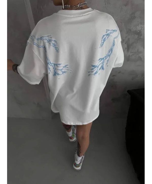 Unisex Bisiklet Yaka Baskılı Oversize T-Shirt - Beyaz